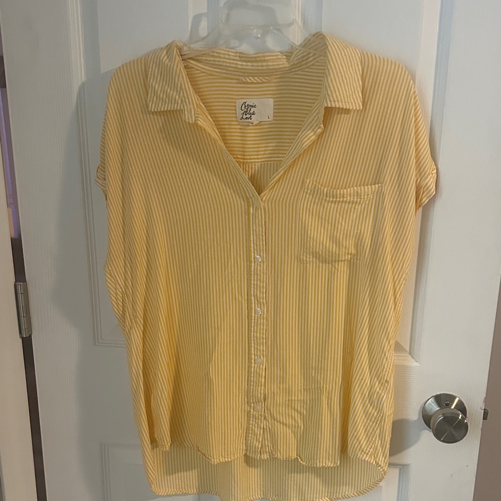 Cosmic Blue Love Women's Yellow Striped Button Down Shirt size L. EUC